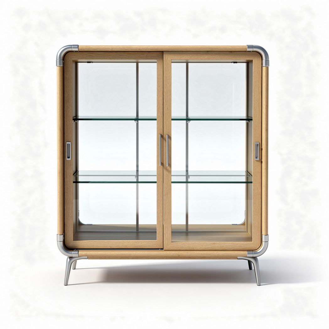 Glass display cabinet with wooden frame and metal accents 80 x 40 x 100cm
