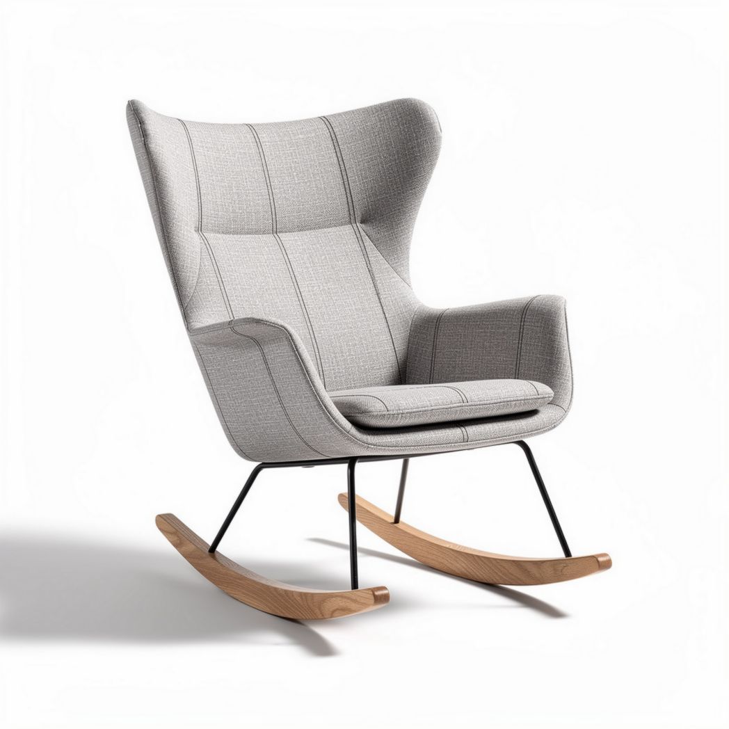 Rocking chair in gray fabric with wooden rockers and metal frame 85 x 75 x 100cm
