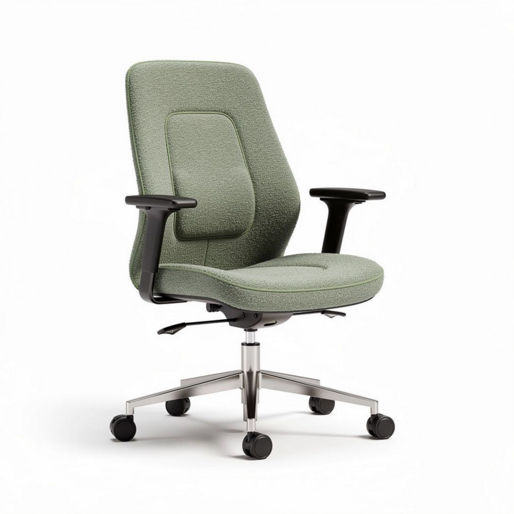 Ergonomic office chair with adjustable arms and soft fabric in green