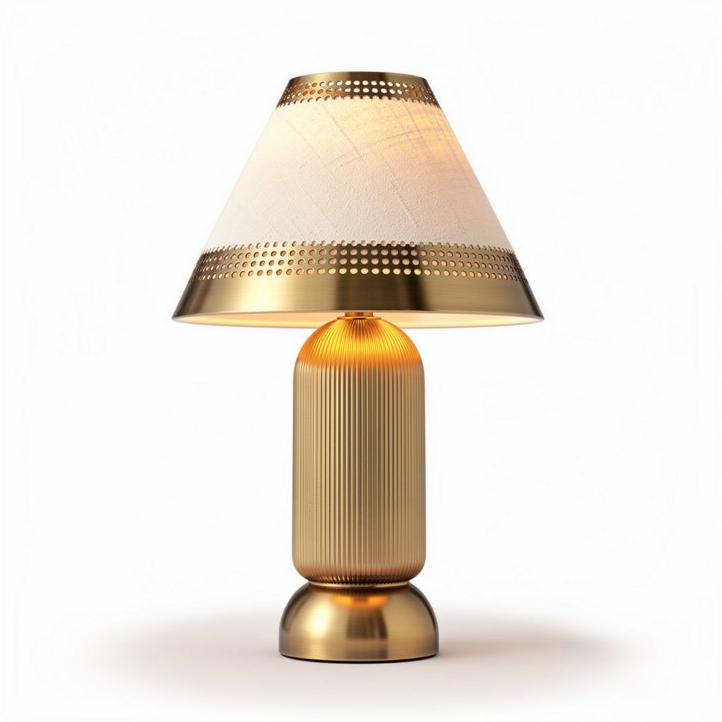 Gold table lamp with fabric shade and ribbed base design 30 x 30 x 50cm